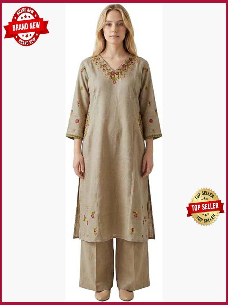 2 Piece Linen Kurta Palazzo Co-Ord Set Embroidered A-Line Kurti Pants